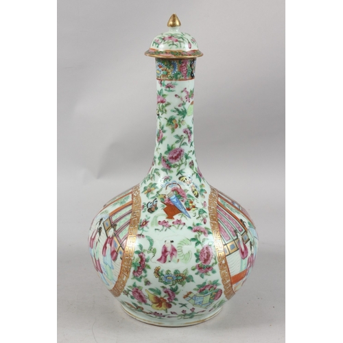 395 - A CHINESE CANTON FAMILLE ROSE PORCELAIN LIDDED VASE, painted with panels of figures as well as preci... 