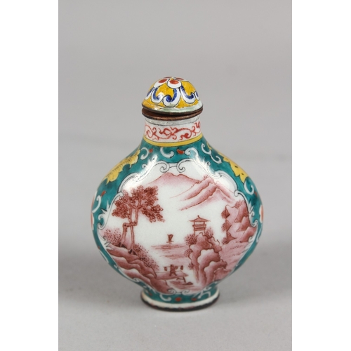 397 - A CHINESE PEKING ENAMEL SNUFF BOTTLE AND STOPPER, finely painted with panels of landscape scenes, 6.... 