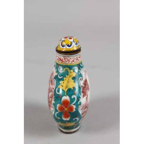 397 - A CHINESE PEKING ENAMEL SNUFF BOTTLE AND STOPPER, finely painted with panels of landscape scenes, 6.... 