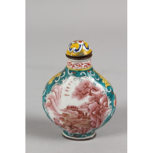 397 - A CHINESE PEKING ENAMEL SNUFF BOTTLE AND STOPPER, finely painted with panels of landscape scenes, 6.... 