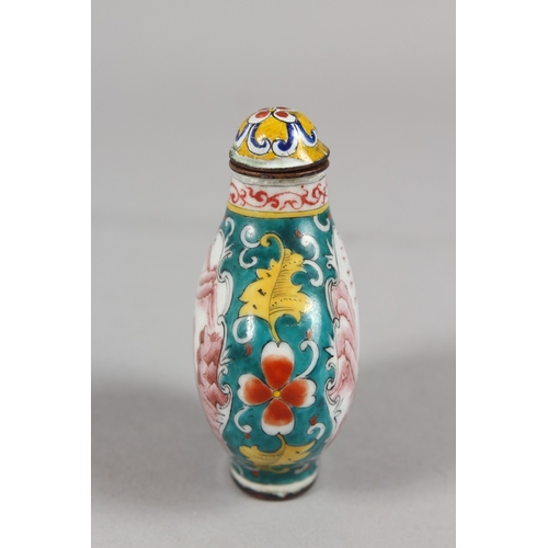 397 - A CHINESE PEKING ENAMEL SNUFF BOTTLE AND STOPPER, finely painted with panels of landscape scenes, 6.... 