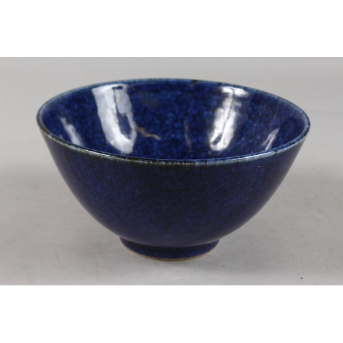 403 - A CHINESE MOTTLED BLUE GLAZE PORCELAIN BOWL, with faint dragon design to exterior, base with six-cha... 