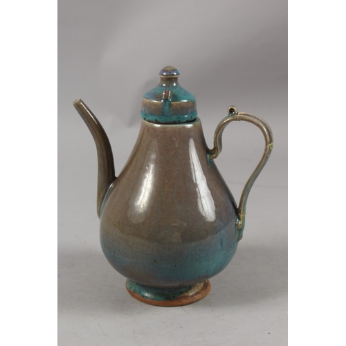 411 - A CHINESE 'ROBIN'S EGG' GLAZE POTTERY TEAPOT, 22cm high.