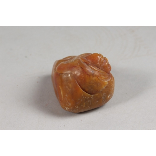 419 - A CHINESE AMBER-COLOUR SOAPSTONE CARVING OF LUOHAN, 6cm wide.