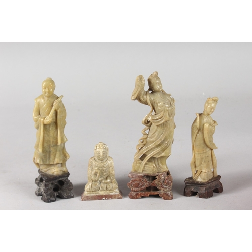 42 - A COLLECTION OF FOUR CHINESE CARVED GREEN SOAPSTONE FIGURES, tallest 15.5cm high, (4).