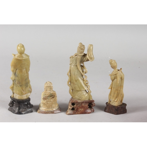 42 - A COLLECTION OF FOUR CHINESE CARVED GREEN SOAPSTONE FIGURES, tallest 15.5cm high, (4).