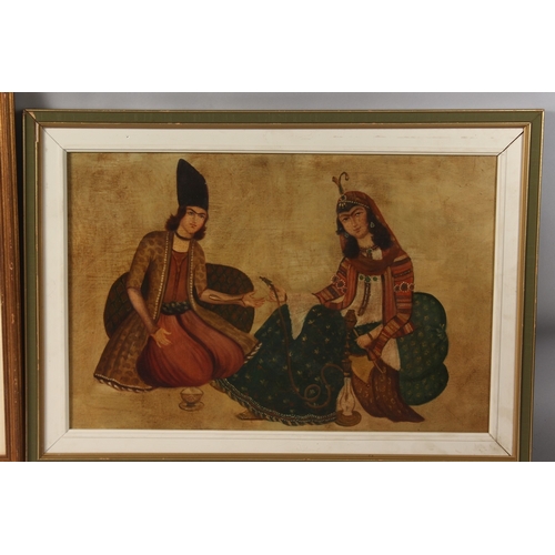 432 - TWO PERSIAN QAJAR OIL PAINTINGS, depicting figures, one painting on board, the other on canvass, bot... 