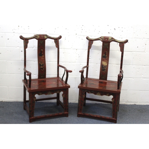 446 - A PAIR OF CHINESE RED, BLACK, AND GILT LACQUER ARMCHAIRS, decorated with landscape panels, dragons, ... 