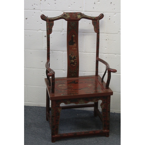 446 - A PAIR OF CHINESE RED, BLACK, AND GILT LACQUER ARMCHAIRS, decorated with landscape panels, dragons, ... 