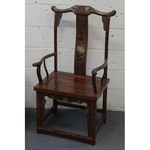 446 - A PAIR OF CHINESE RED, BLACK, AND GILT LACQUER ARMCHAIRS, decorated with landscape panels, dragons, ... 