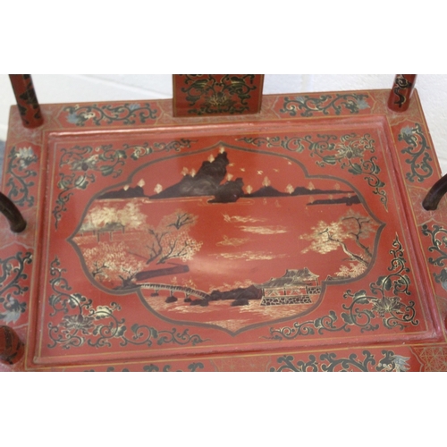 446 - A PAIR OF CHINESE RED, BLACK, AND GILT LACQUER ARMCHAIRS, decorated with landscape panels, dragons, ... 