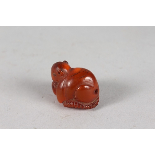 45 - A JAPANESE POSSIBLY BAKELITE / AMBER OR RESIN NETSUKE OF A MOUSE, 3.5cm.