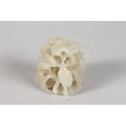 46 - A VERY FINE SMALL 19TH CENTURY CHINESE JADE CARVING, depicting cranes and foliage with pierced openw... 