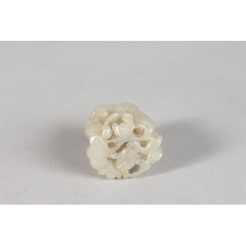 46 - A VERY FINE SMALL 19TH CENTURY CHINESE JADE CARVING, depicting cranes and foliage with pierced openw... 