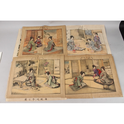 55 - BATTLE SCENES, LADIES ETIQUETTE, & OTHERS: eight original late 19th century Japanese woodblock print... 