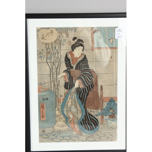 59 - THREE 19TH CENTURY ORIGINAL JAPANESE WOODBLOCK PRINTS, depicting female figures, uniformly framed an... 