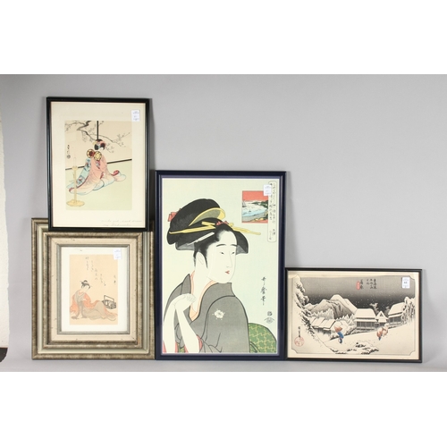 61 - A COLLECTION OF FOUR JAPANESE PRINTS, each framed and glazed, (4).