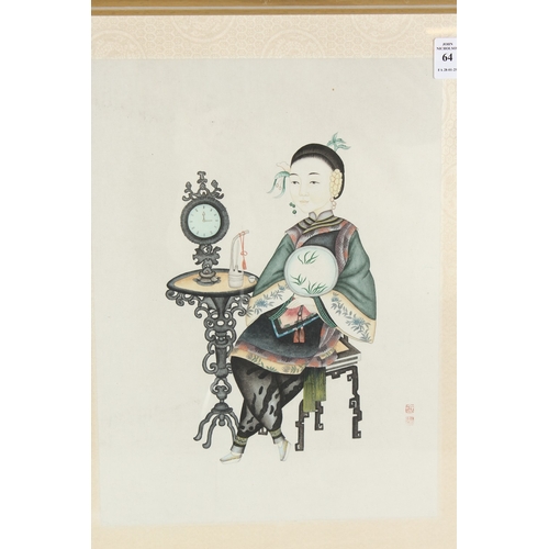 64 - A CHINESE PAINTING ON PAPER, depicting a seated figure next to a table with clock and opium pipe ato... 