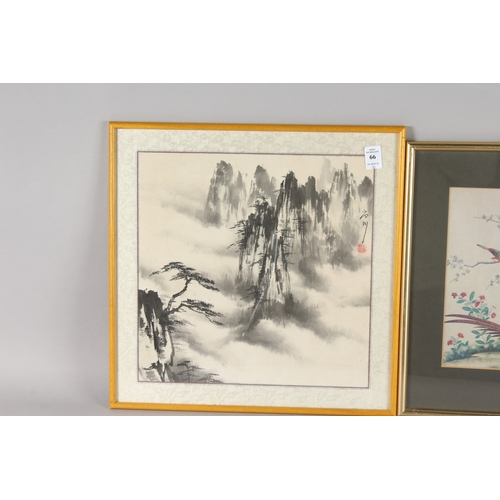 66 - A CHINESE PAINTING ON PAPER, together with a silk picture of birds and flora, each framed and glazed... 