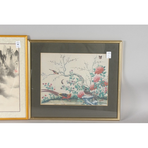 66 - A CHINESE PAINTING ON PAPER, together with a silk picture of birds and flora, each framed and glazed... 