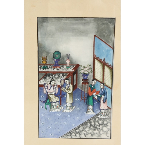 67 - A CHINESE PITH PAINTING DEPICTING FEMALE FIGURES in an interior setting, framed and glazed.