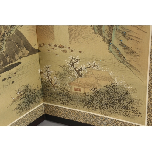 68 - A SMALL CHINESE FOUR PANEL SCREEN, overlaid with a painting on silk depicting a landscape scene.