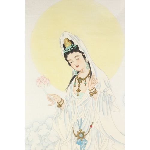 70 - A LARGE CHINESE PAINTING ON SILK, depicting Guanyin stood upon a dragon chasing the flaming pearl of... 