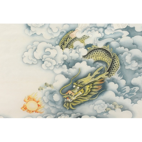 70 - A LARGE CHINESE PAINTING ON SILK, depicting Guanyin stood upon a dragon chasing the flaming pearl of... 