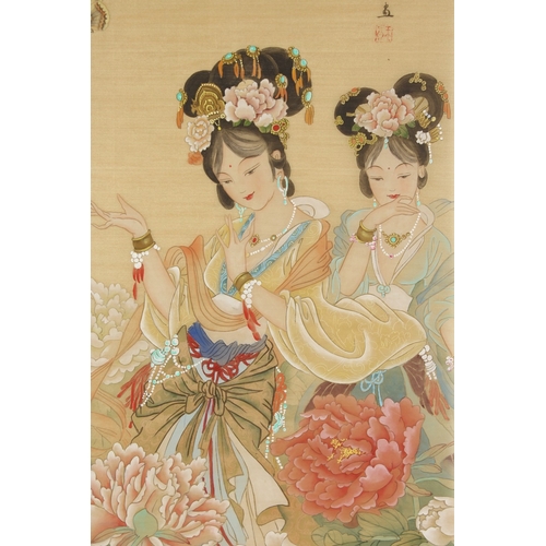 72 - A LARGE CHINESE PAINTING ON SILK, depicting two female figures amongst flora and butterflies, inscri... 