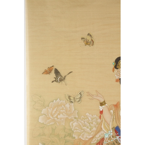 72 - A LARGE CHINESE PAINTING ON SILK, depicting two female figures amongst flora and butterflies, inscri... 