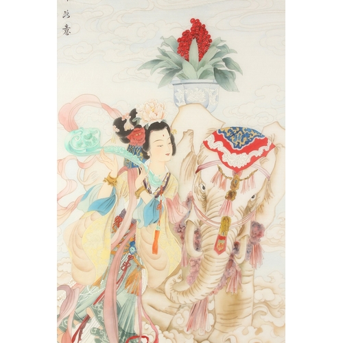 73 - A LARGE CHINESE PAINTING ON SILK, depicting a female figure holding a scepter beside and a caparison... 