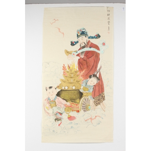 74 - A LARGE CHINESE PAINTING ON SILK, depicting a robed male figure holding a large ruyi scepter and sta... 