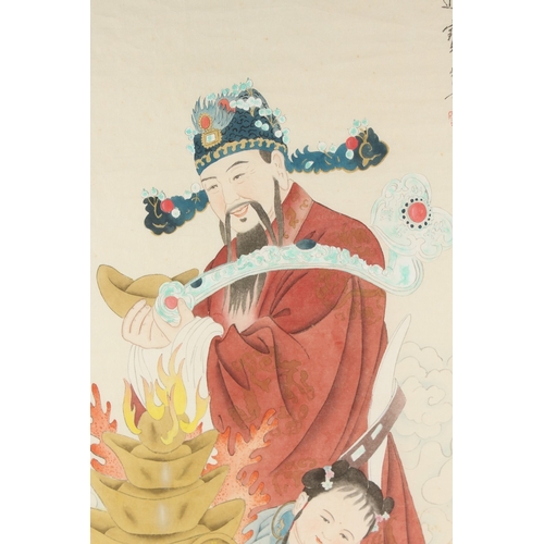 74 - A LARGE CHINESE PAINTING ON SILK, depicting a robed male figure holding a large ruyi scepter and sta... 