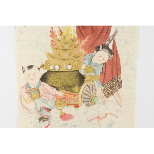 74 - A LARGE CHINESE PAINTING ON SILK, depicting a robed male figure holding a large ruyi scepter and sta... 