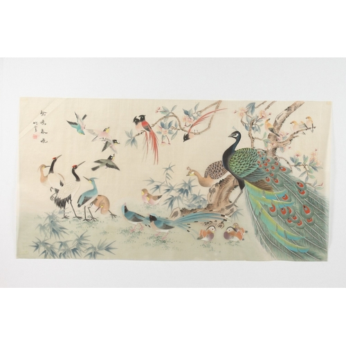 75 - A LARGE CHINESE PAINTING ON SILK, depicting peacocks and other birds, inscribed and bearing red seal... 