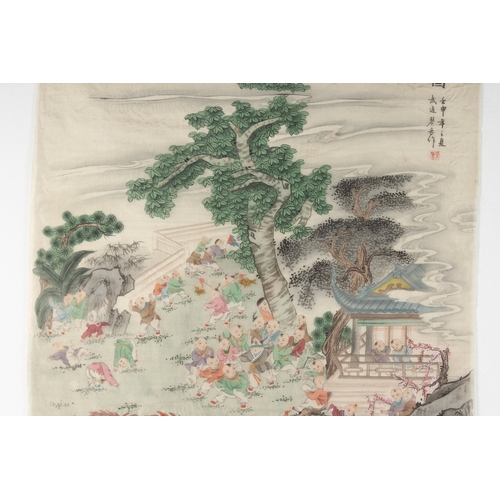 77 - A LARGE CHINESE PAINTING ON SILK, depicting one hundred boys at play, inscribed and bearing red seal... 