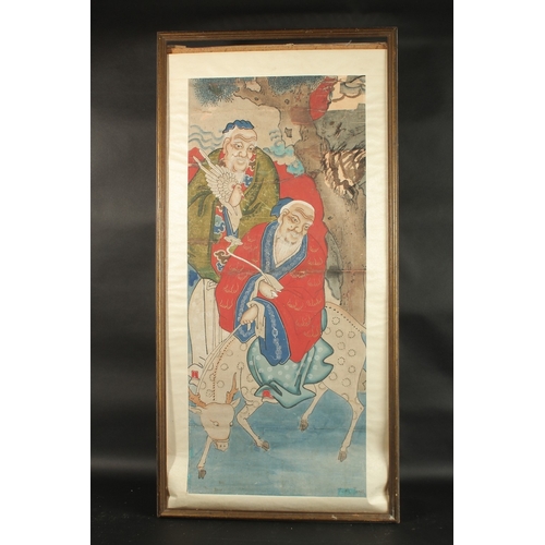 79 - A LARGE PAINTING ON PAPER DEPICTING TWO IMMORTALS, image 79cm x 34cm, with frame, unglazed.