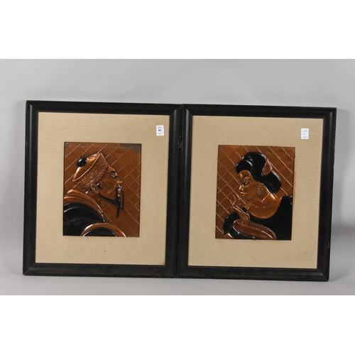 84 - A PAIR OF FRAMED JAPANESE STYLE ART DECO LACQUERED RELIEF PICTURES, 51cm x 45cm.