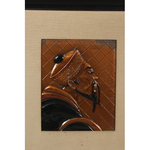 84 - A PAIR OF FRAMED JAPANESE STYLE ART DECO LACQUERED RELIEF PICTURES, 51cm x 45cm.