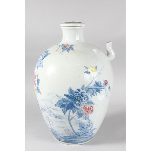 94 - A VERY LARGE CHINESE PORCELAIN LIDDED WINE POT, painted with flora, 38cm high.