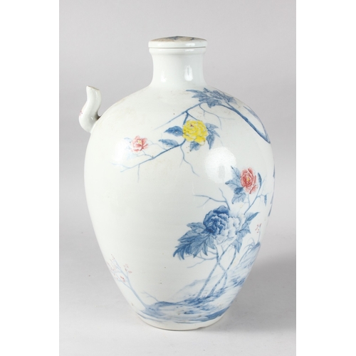 94 - A VERY LARGE CHINESE PORCELAIN LIDDED WINE POT, painted with flora, 38cm high.