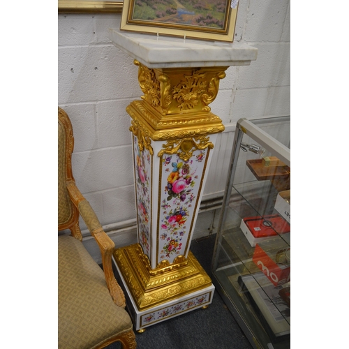 196 - A good impressive pair of floral decorated ormolu and marble mounted columns.