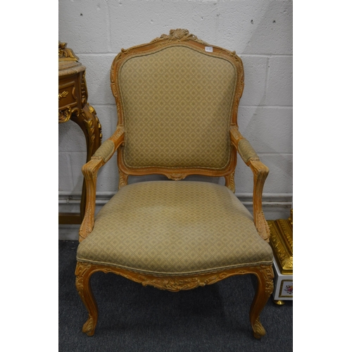 197 - A good pair of French style carved beech fauteuil.