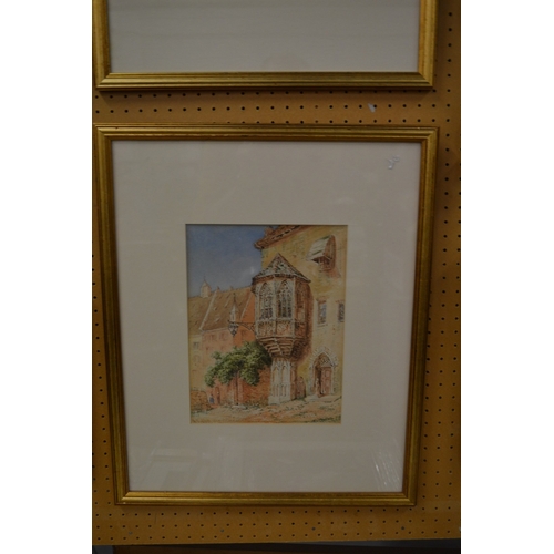 397 - F J Lott, classical building with mullioned windows, figures to the exterior, watercolour, signed to... 