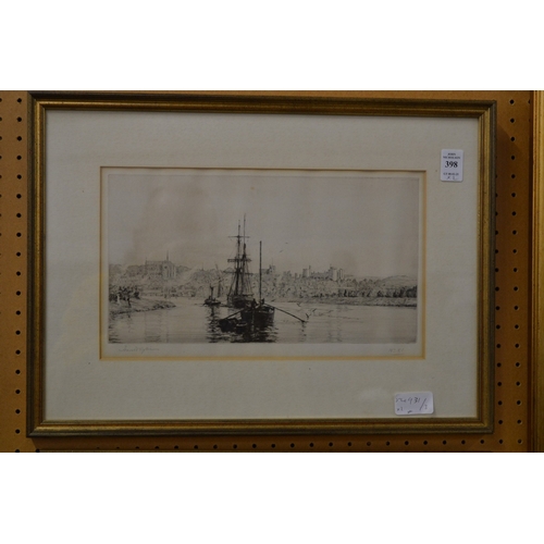 398 - Harold Wyllie, a sailing ship and fishing boat in a harbour, engraving, pencil signed together with ... 