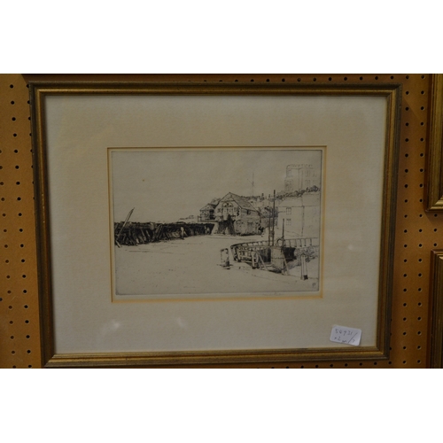 398 - Harold Wyllie, a sailing ship and fishing boat in a harbour, engraving, pencil signed together with ... 