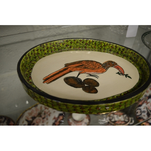 580 - Armore Studio, an unusual bird form pottery dish and cover made by  Somandla and painted by Rosemary... 