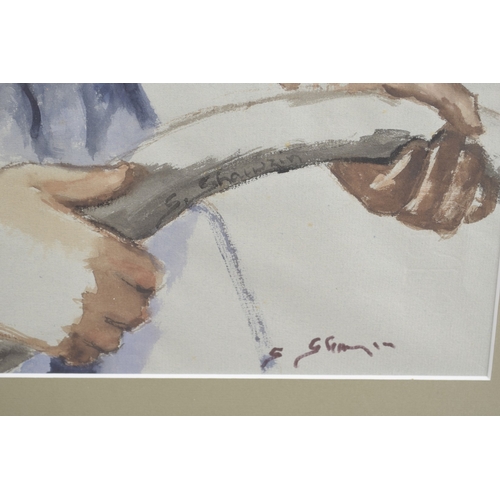 103 - STELLA SHAWZIN (1923-2020) SOUTH AFRICAN. Portrait of a man with hosepipe, watercolour Signed.  24