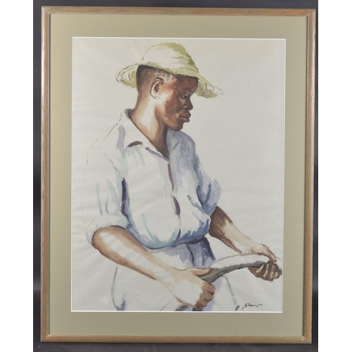 103 - STELLA SHAWZIN (1923-2020) SOUTH AFRICAN. Portrait of a man with hosepipe, watercolour Signed.  24