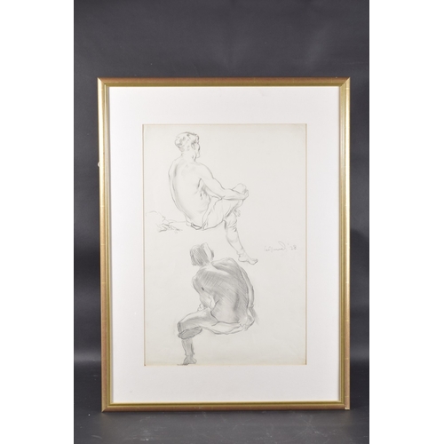 130 - MODERN BRITISH SCHOOL Two studies of a seated man with bare torso, pencil drawing, signed indistinct... 